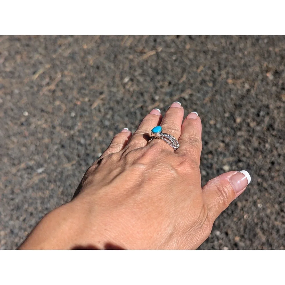 Navajo Turquoise‎ Rope Lasso Sterling Silver Ring Native Am Jewelry Sz 8US**
